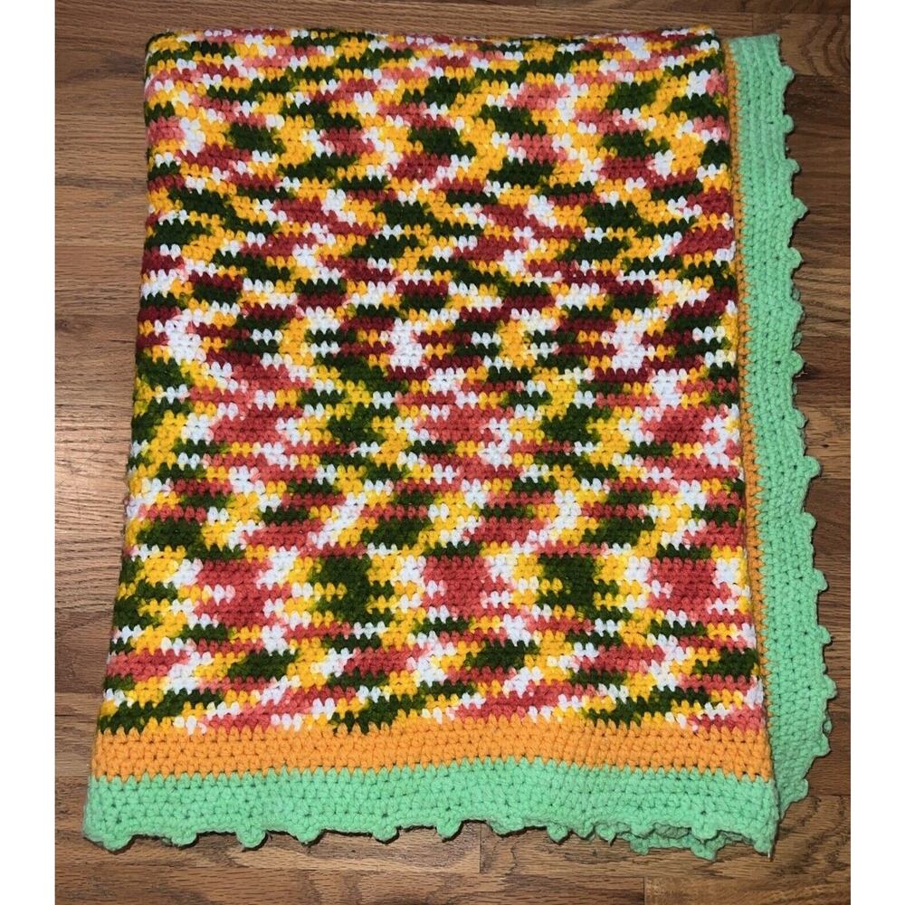 VINTAGE 70s Afghan Throw Blanket RETRO BOHO COTTAGE CHIC ORANGE GREEN PINK 72”